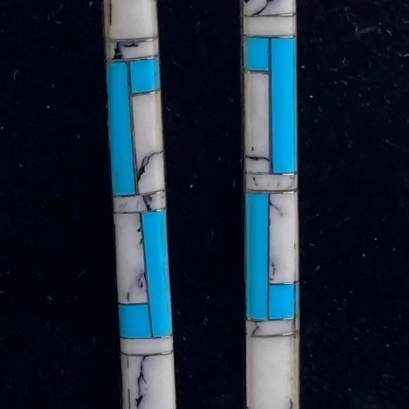 Sterling Silver Earrings Turquoise Inlaid 2” Length Fish Hook Back New - Picture 7 of 8